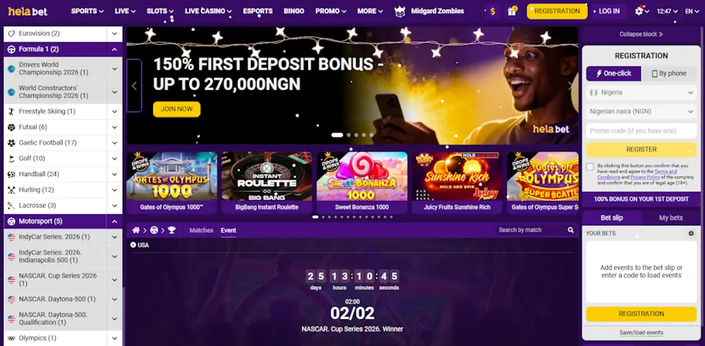 Helabet Motorsport NASCAR Betting Screenshot